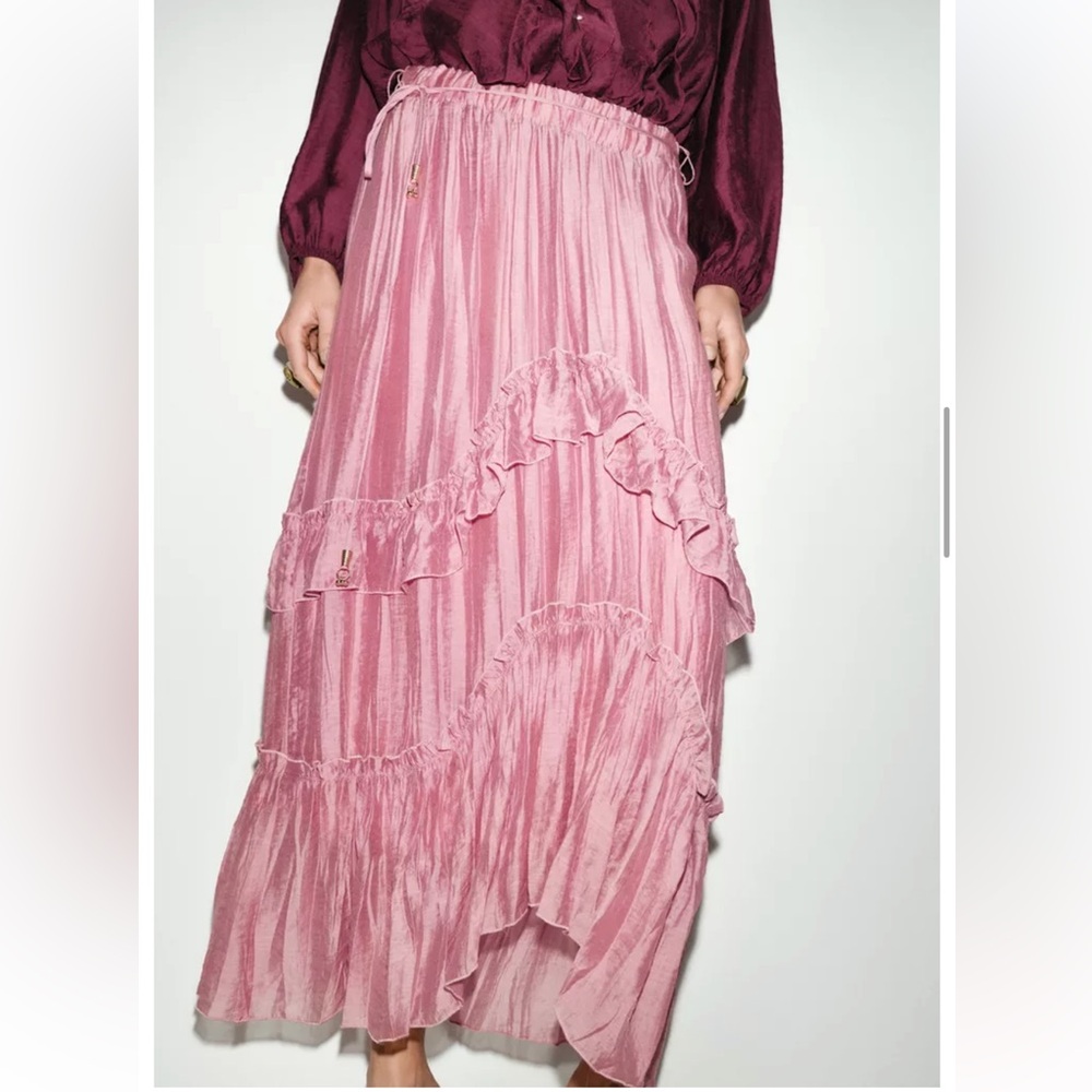 NWT ZARA Ruffled Midi Skirt Marsala Pink Crinkle Effect Beaded Belt Asymmetric S